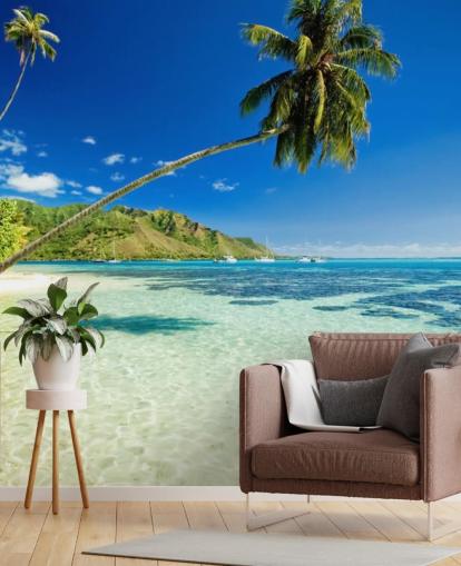 blue and green tropical beach wallpaper mural called Palm Tree Lagoon for bedrooms and home offices
