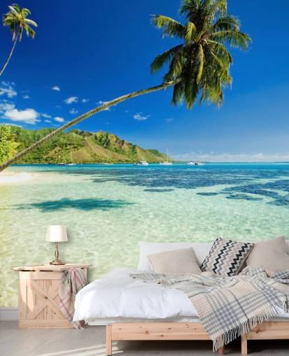 carta da parati murale blu e verde con spiaggia tropicale chiamata Palm Tree Lagoon per camere da letto e uffici domestici