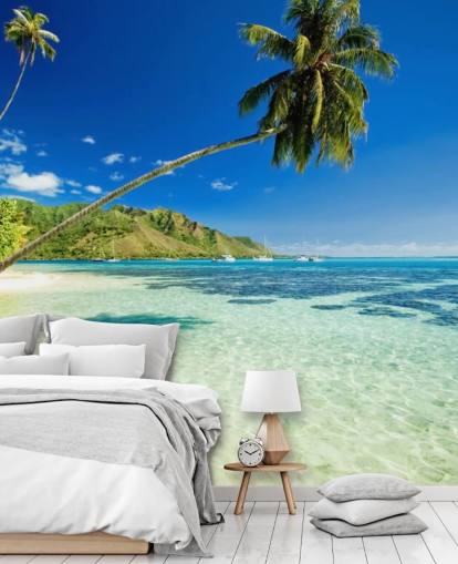 blue and green tropical beach wallpaper mural called Palm Tree Lagoon for bedrooms and home offices