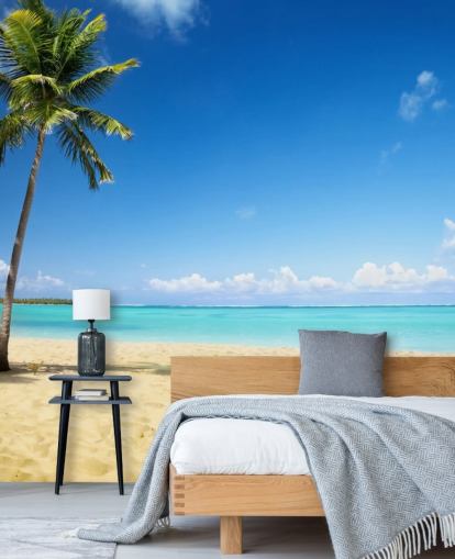 mural de papel pintado de playa personalizable azul y dorado llamado Palm Tree Paradise para salas de estar, comedores y oficinas