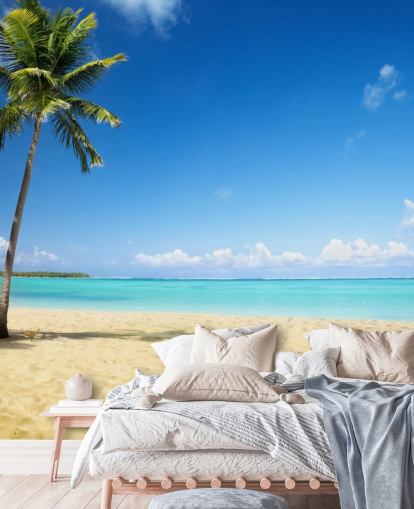 carta da parati murale da spiaggia personalizzabile blu e dorata chiamata Palm Tree Paradise per salotti, sale da pranzo e uffici