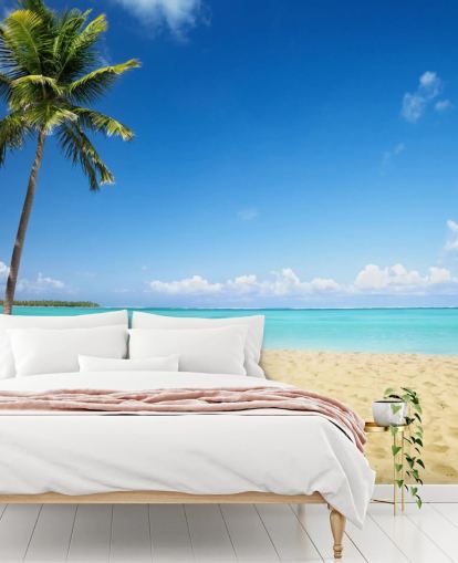 papier peint de plage personnalisable bleu et doré appelé Palm Tree Paradise pour les salons, les salles à manger et les bureaux