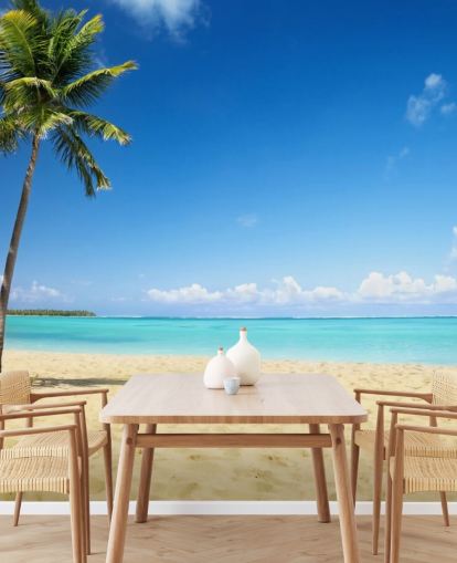 Personalisierbare Strandtapete in Blau und Gold namens Palm Tree Paradise für Wohnzimmer, Esszimmer und Büros