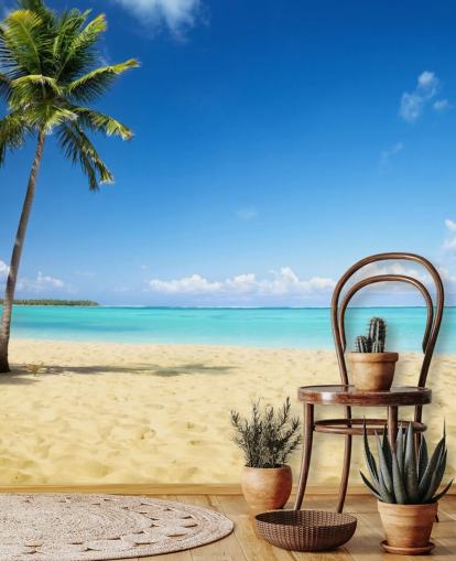 carta da parati murale da spiaggia personalizzabile blu e dorata chiamata Palm Tree Paradise per salotti, sale da pranzo e uffici carta da parati murale da spiaggia personalizzabile blu e dorata chiamata Palm Tree Paradise per salotti, sale da pranzo e uffici