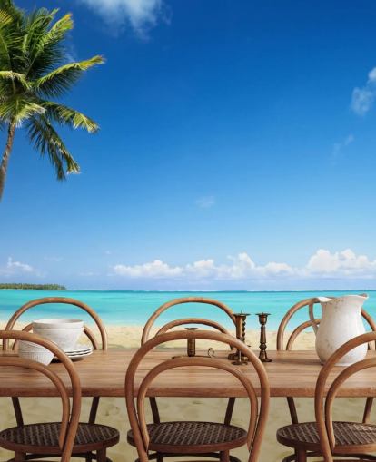 mural de papel de parede de praia personalizável azul e dourado chamado Palm Tree Paradise para salas de estar, salas de jantar e escritórios