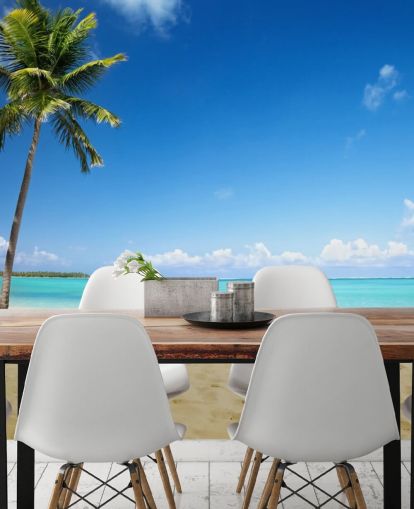 blue and golden customizable beach wallpaper mural called Palm Tree Paradise for living rooms, dining rooms and offices blue and golden customizable beach wallpaper mural called Palm Tree Paradise for living rooms, dining rooms and offices