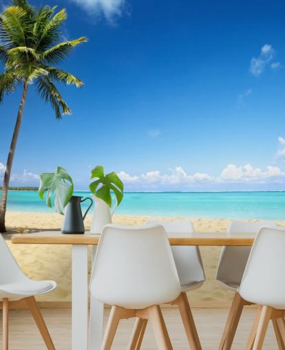 blue and golden customizable beach wallpaper mural called Palm Tree Paradise for living rooms, dining rooms and offices