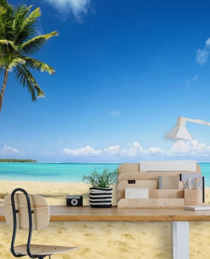 blå och gyllene anpassningsbar strandtapetväggmålning kallad Palm Tree Paradise för vardagsrum, matsalar och kontor