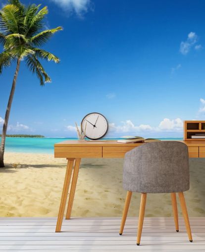 blue and golden customizable beach wallpaper mural called Palm Tree Paradise for living rooms, dining rooms and offices