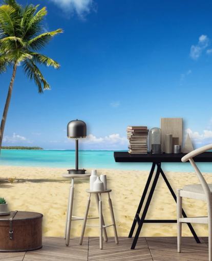 carta da parati murale da spiaggia personalizzabile blu e dorata chiamata Palm Tree Paradise per salotti, sale da pranzo e uffici