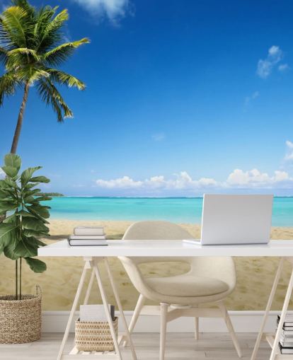 blue and golden customisable beach wallpaper mural called Palm Tree Paradise for living rooms, dining rooms and offices