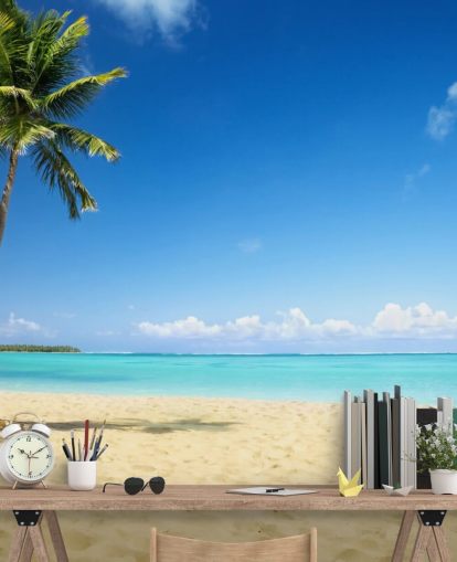 blå och gyllene anpassningsbar strandtapetväggmålning kallad Palm Tree Paradise för vardagsrum, matsalar och kontor