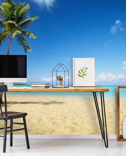 blå och gyllene anpassningsbar strandtapetväggmålning kallad Palm Tree Paradise för vardagsrum, matsalar och kontor
