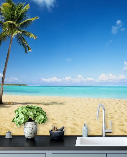 mural de papel pintado de playa personalizable azul y dorado llamado Palm Tree Paradise para salas de estar, comedores y oficinas