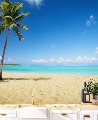 blå og gylden tilpassede strand tapetvægmaleri kaldet Palm Tree Paradise til stuer, spisestuer og kontorer blå og gylden tilpassede strand tapetvægmaleri kaldet Palm Tree Paradise til stuer, spisestuer og kontorer