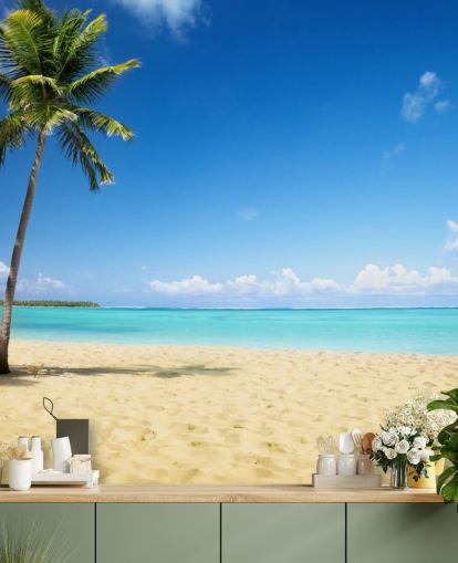 blue and golden customizable beach wallpaper mural called Palm Tree Paradise for living rooms, dining rooms and offices blue and golden customizable beach wallpaper mural called Palm Tree Paradise for living rooms, dining rooms and offices