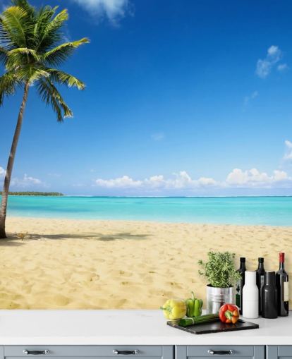blue and golden customisable beach wallpaper mural called Palm Tree Paradise for living rooms, dining rooms and offices