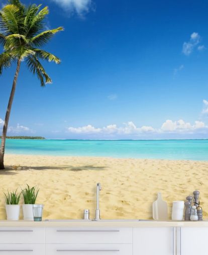 carta da parati murale da spiaggia personalizzabile blu e dorata chiamata Palm Tree Paradise per salotti, sale da pranzo e uffici