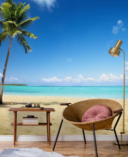 mural de papel de parede de praia personalizável azul e dourado chamado Palm Tree Paradise para salas de estar, salas de jantar e escritórios