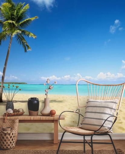 blue and golden customizable beach wallpaper mural called Palm Tree Paradise for living rooms, dining rooms and offices blue and golden customizable beach wallpaper mural called Palm Tree Paradise for living rooms, dining rooms and offices