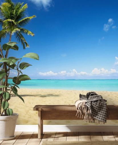 blue and golden customizable beach wallpaper mural called Palm Tree Paradise for living rooms, dining rooms and offices