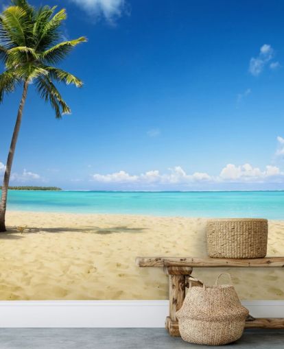 blue and golden customisable beach wallpaper mural called Palm Tree Paradise for living rooms, dining rooms and offices