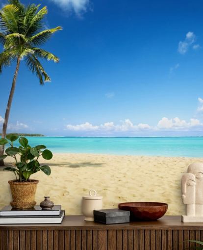 blue and golden customizable beach wallpaper mural called Palm Tree Paradise for living rooms, dining rooms and offices blue and golden customizable beach wallpaper mural called Palm Tree Paradise for living rooms, dining rooms and offices