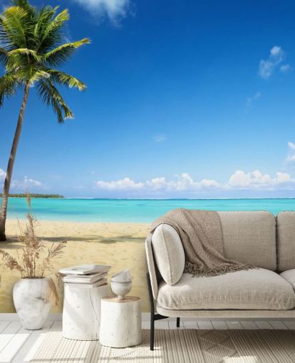 blue and golden customizable beach wallpaper mural called Palm Tree Paradise for living rooms, dining rooms and offices