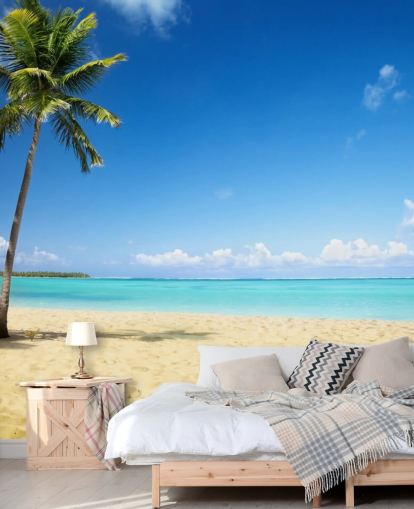 blue and golden customisable beach wallpaper mural called Palm Tree Paradise for living rooms, dining rooms and offices
