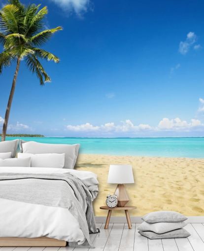 blå och gyllene anpassningsbar strandtapetväggmålning kallad Palm Tree Paradise för vardagsrum, matsalar och kontor blå och gyllene anpassningsbar strandtapetväggmålning kallad Palm Tree Paradise för vardagsrum, matsalar och kontor