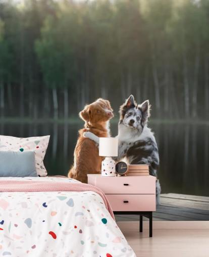 dois cães sentados à beira de um lago com os braços em volta um do outro mural dois cães sentados à beira de um lago com os braços em volta um do outro mural