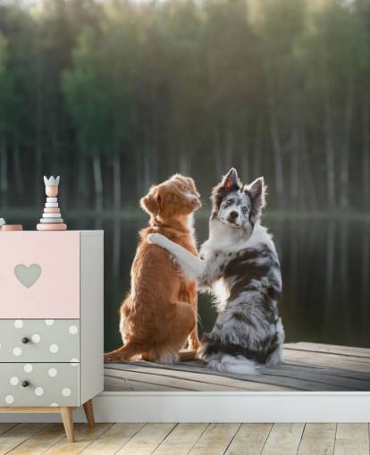 two dogs sat by a lake with arms around each other wall mural two dogs sat by a lake with arms around each other wall mural