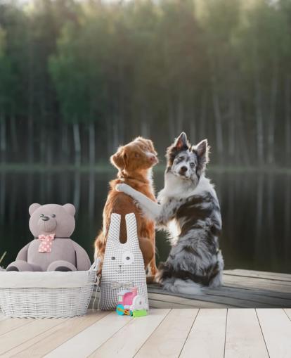 twee honden zaten bij een meer met armen om elkaar heen muurschildering twee honden zaten bij een meer met armen om elkaar heen muurschildering