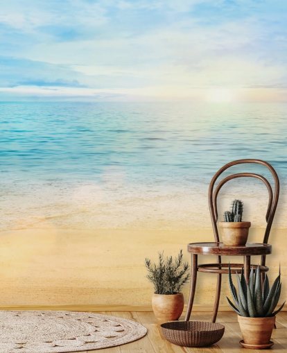 blaue benutzerdefinierte Strandtapete namens Sea and Sand Tranquility für Badezimmer blaue benutzerdefinierte Strandtapete namens Sea and Sand Tranquility für Badezimmer