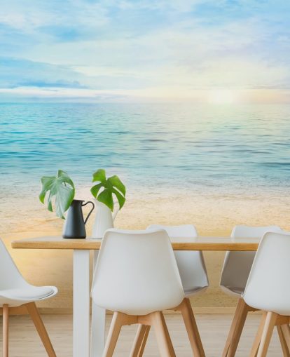 blauw strandbehang op maat genaamd Sea and Sand Tranquility voor badkamers 