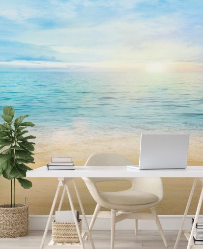 blue custom beach wallpaper called Sea and Sand Tranquility for bathrooms 
