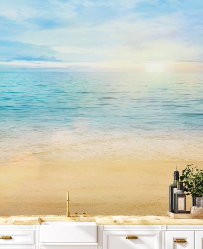 blue custom beach wallpaper called Sea and Sand Tranquility for bathrooms blue custom beach wallpaper called Sea and Sand Tranquility for bathrooms