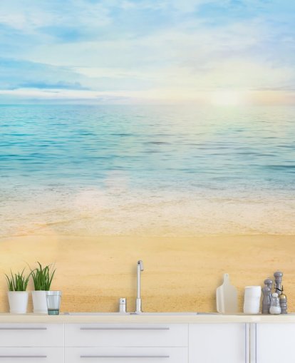 blaue benutzerdefinierte Strandtapete namens Sea and Sand Tranquility für Badezimmer blaue benutzerdefinierte Strandtapete namens Sea and Sand Tranquility für Badezimmer