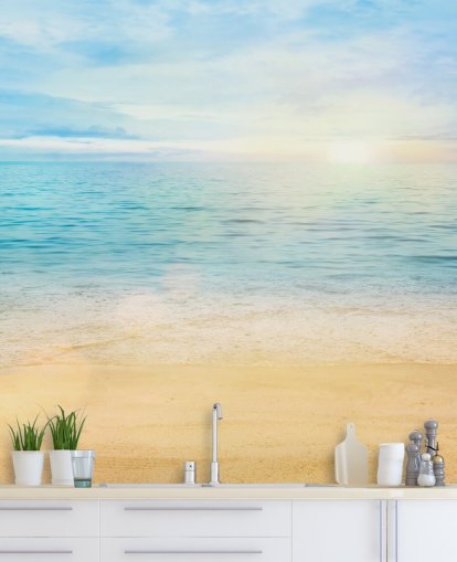 blauw strandbehang op maat genaamd Sea and Sand Tranquility voor badkamers blauw strandbehang op maat genaamd Sea and Sand Tranquility voor badkamers