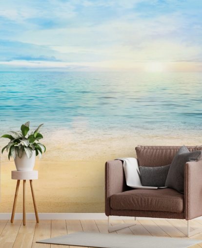 blaue benutzerdefinierte Strandtapete namens Sea and Sand Tranquility für Badezimmer 