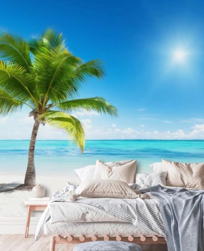 blue and white custom beach wallpaper mural called Palm and Sea for home or office 