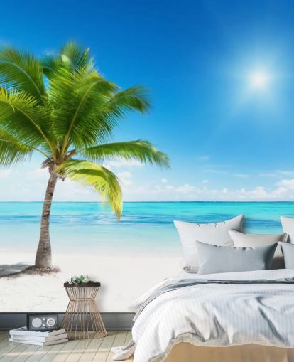 blått og hvitt tilpasset strandtapet veggmaleri kalt Palm and Sea for hjem eller kontor 