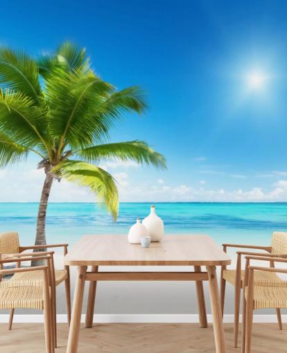 blå och vit anpassad strandtapet väggmålning som heter Palm and Sea för hem eller kontor 