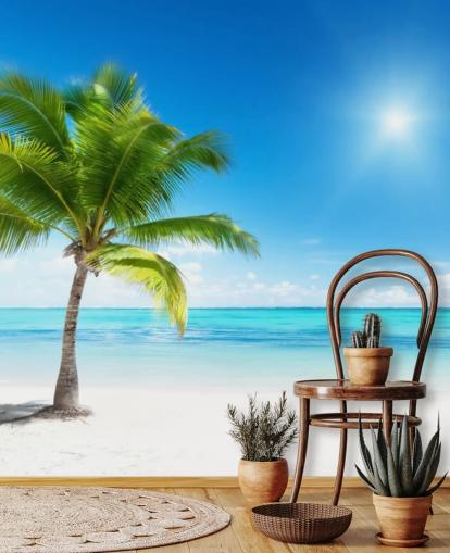 papier peint de plage personnalisé bleu et blanc appelé Palm and Sea pour la maison ou le bureau papier peint de plage personnalisé bleu et blanc appelé Palm and Sea pour la maison ou le bureau