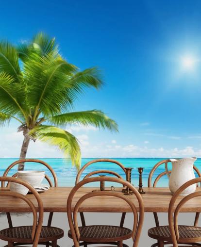 carta da parati murale personalizzata da spiaggia blu e bianca chiamata Palm and Sea per casa o ufficio 
