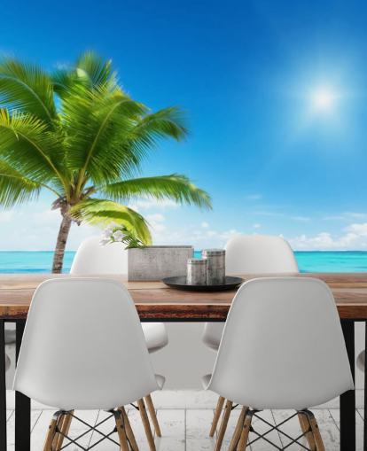 blue and white custom beach wallpaper mural called Palm and Sea for home or office 