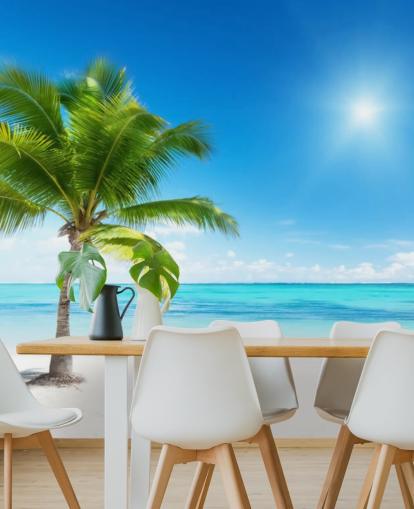 blått og hvitt tilpasset strandtapet veggmaleri kalt Palm and Sea for hjem eller kontor 