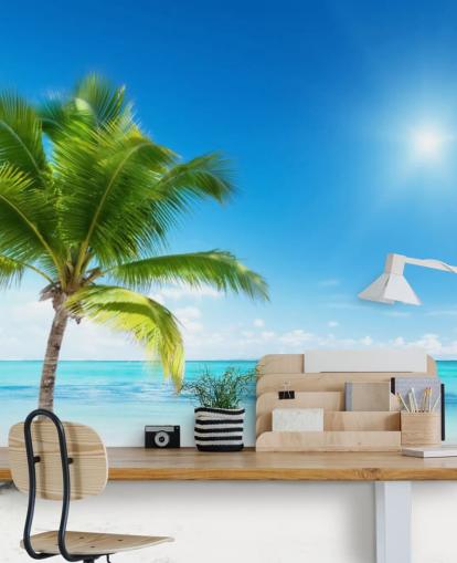 mural de papel de parede de praia personalizado em azul e branco chamado Palm and Sea para casa ou escritório mural de papel de parede de praia personalizado em azul e branco chamado Palm and Sea para casa ou escritório
