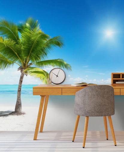 blå og hvid brugerdefineret strand tapet vægmaleri kaldet Palm and Sea til hjemmet eller kontoret 