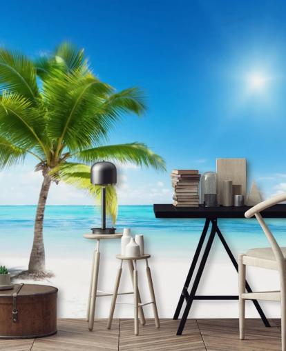 papier peint de plage personnalisé bleu et blanc appelé Palm and Sea pour la maison ou le bureau 
